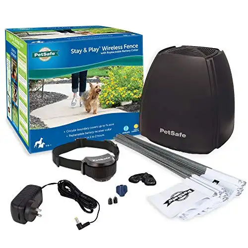 PetSafe Stay & Play Wireless Pet Fence with Replaceable Battery Collar, Covers up to 3/4 Acre, For Dogs & Cats over 5 lb, Waterproof Collar, Tone & Static, From Parent Company of INVISIBLE...