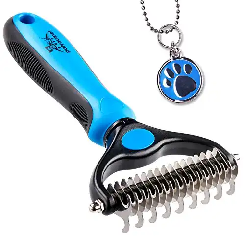 Pet Grooming Tool - 2 Sided Undercoat Rake for Cats & Dogs - Safe Dematting Comb for Easy Mats & Tangles Removing - No More Nasty Shedding and Flying Hair