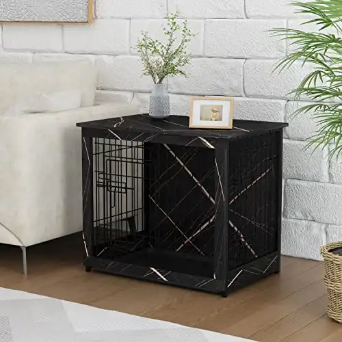 Megidok Wooden Dog Crate Furniture End Table for Small Dogs, Double Doors Dog Crate with Slide Tray, Dog Kennels Indoor, Easy Installation, with ​Detachable Top Cover - Black Gold - 27*19*24 in