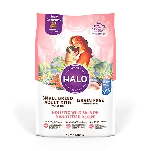 Halo Grain Free Natural Dry Dog Food - Small Breed Healthy Weight Recipe - Premium and Holistic Real Whole Meat - Wild Salmon & Whitefish - 4 Pound Bag - Non-GMO Adult Dog Food - Highly Digestible