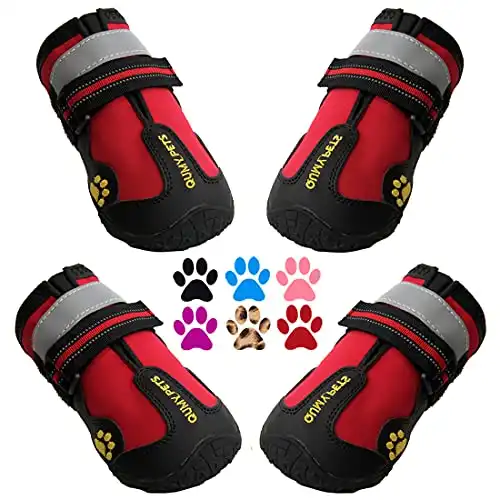QUMY Dog Boots Waterproof Shoes for Large Dogs with Reflective Straps Rugged Anti-Slip Sole Black 4PCS (Size 8: 3.0''x3.3(W*L) for 74-88 lbs, Red)