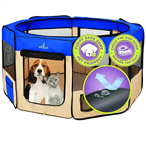 Zampa Dog Playpen Medium 45"x45"x24" Pop Up Portable Playpen for Dogs and Cat, Foldable | Indoor/Outdoor Pen & Travel Pet Carrier + Carrying Case.