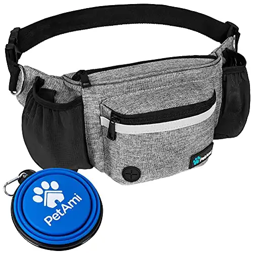 PetAmi Dog Fanny Pack, Treat Pouch for Dog Walking, Training, Built in Poop Bag Dispenser, Water Bottle Holder, Collapsible Bowl, Pet Treat Waist Belt for Hiking, Running, Kibbles (Grey)