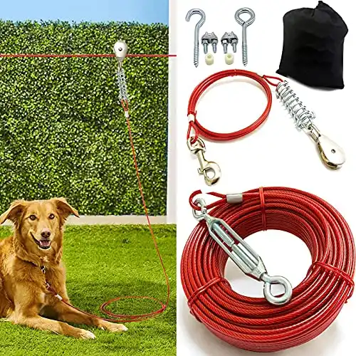 Heavy Duty Aerial Dog Tie Out Trolley System - Dog Run Cable 100ft /75ft /50ft Dog Zipline with 10ft Dog Runner Cable for Yard Camping Durable & Strong Tie Out for Small to Large Dogs Up to 125 lb...