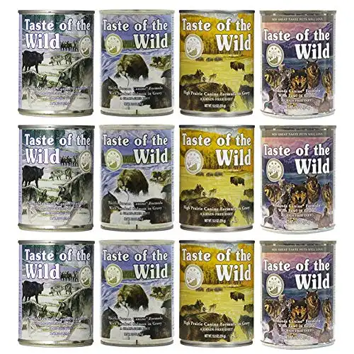 Taste of the Wild Grain-Free Canned Dog Food Variety Pack - Wetlands, Pacific Stream, High Prairie, and Sierra Mountain Pack of 12, 13.2 Ounce cans
