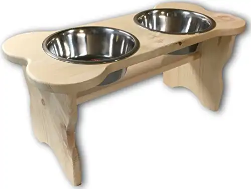 Primitive Bone Shaped Pine Wood Dog Bowl Stand for Medium, Large Dogs Rustic Natural, Wooden Feeder Dish Holder Unfinished