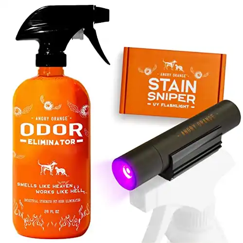 ANGRY ORANGE Pet Odor Eliminator for Strong Odor - Citrus Deodorizer for Strong Dog Urine + UV Flashlight