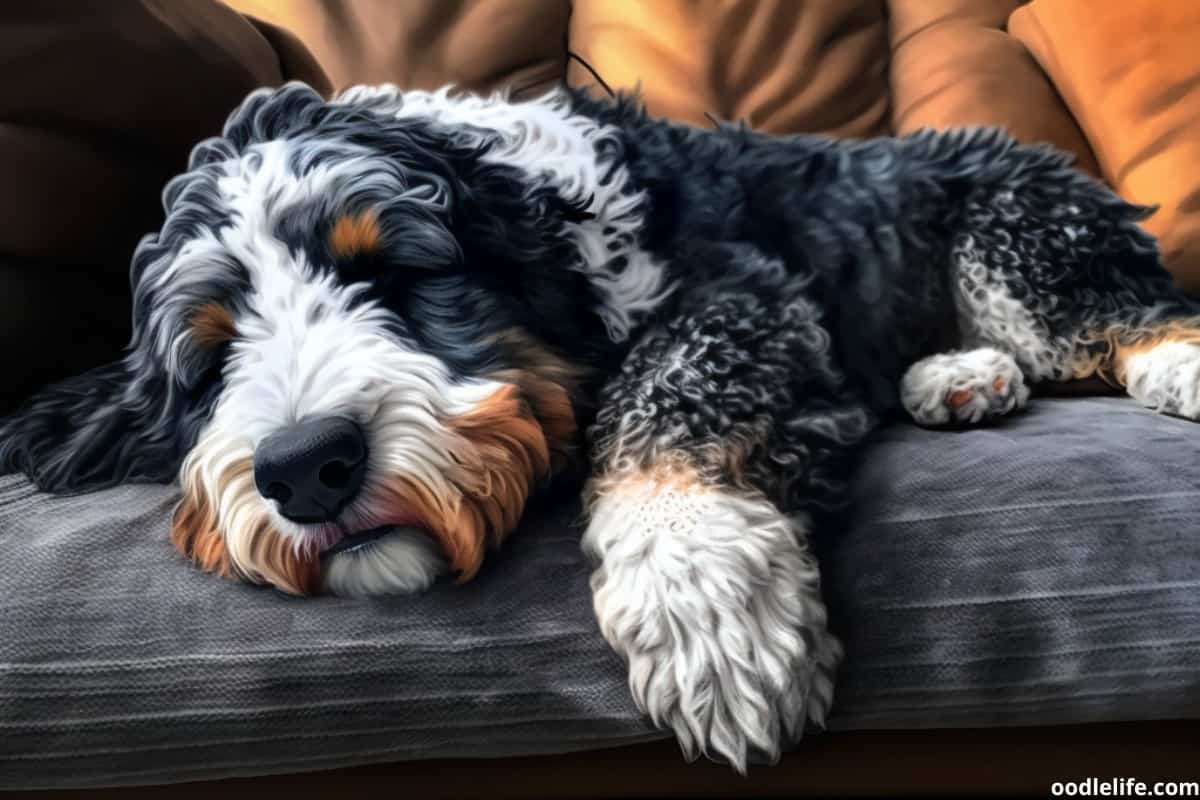A beautiful tri color Bernedoodles snoozing