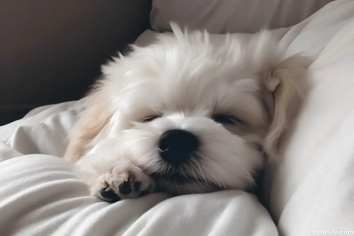 A cute family dog has a nap in a large bed