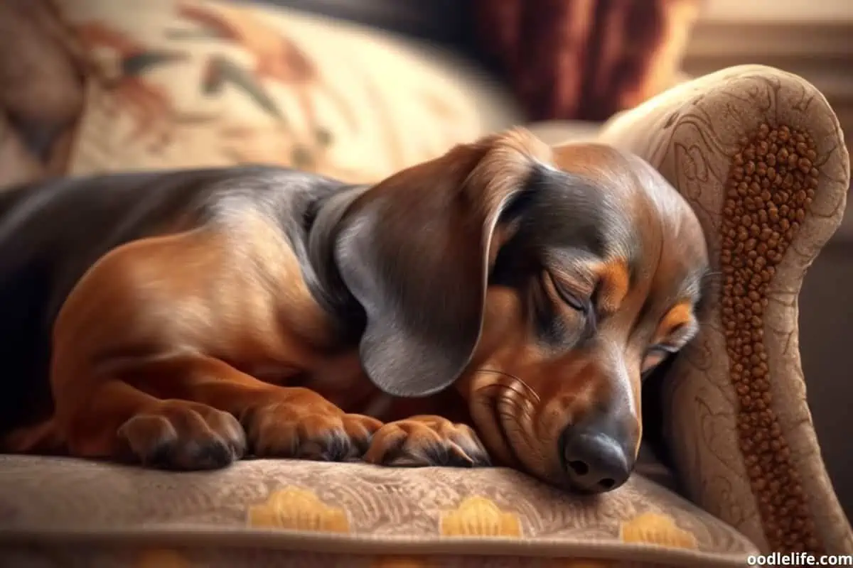 calm dachshund sleeps on brown rustic couch