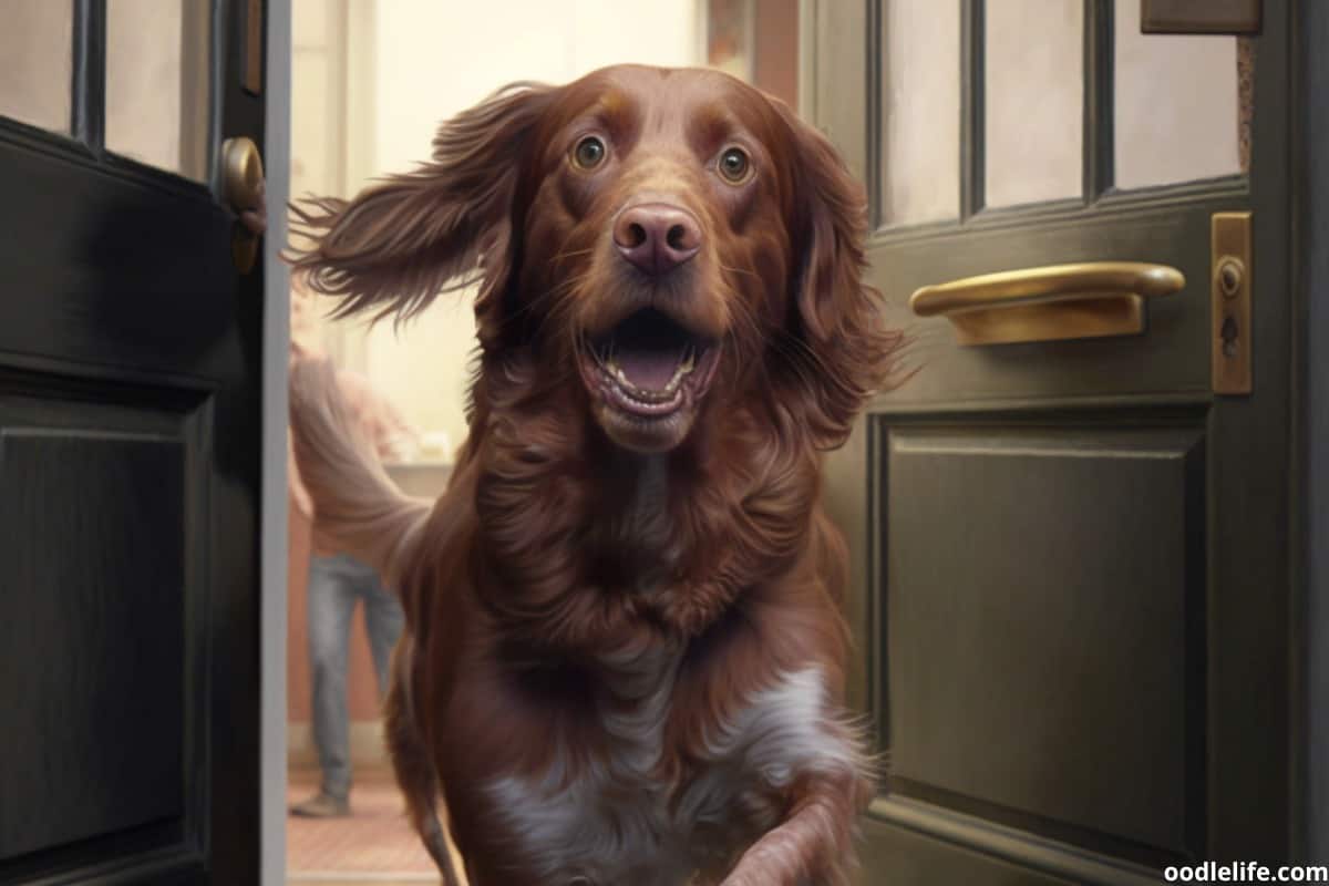 A beautiful chocolate long haired dog is excited to leave the house via the front door!