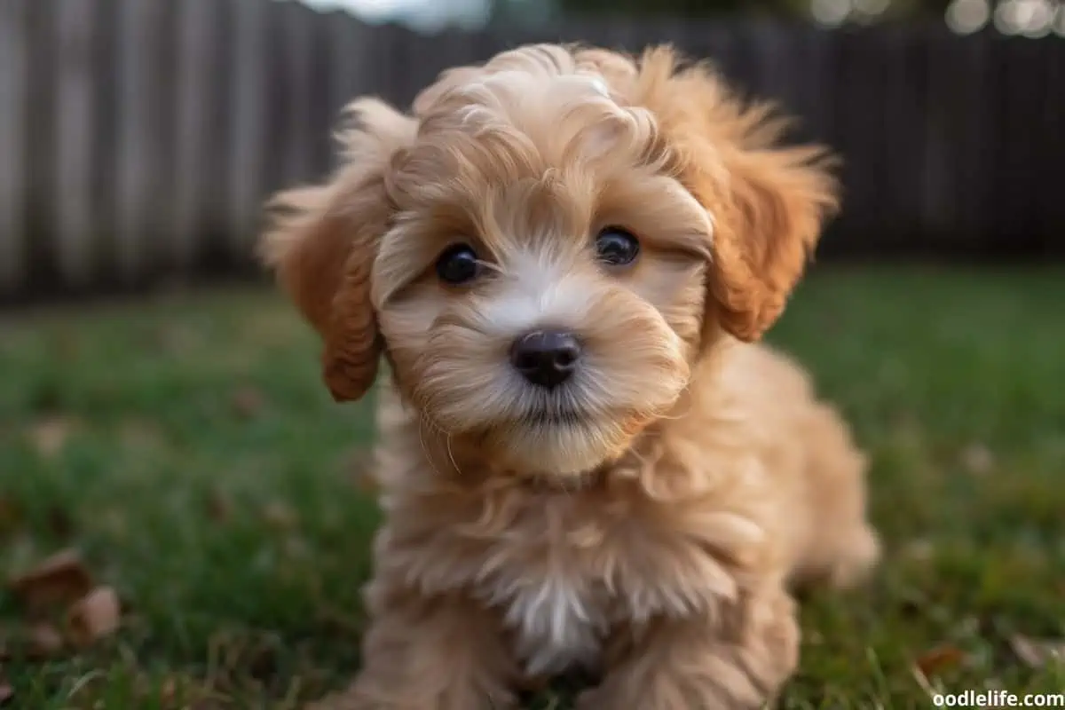A Maltipoo with gorgeous large eyes sits on the grass outside