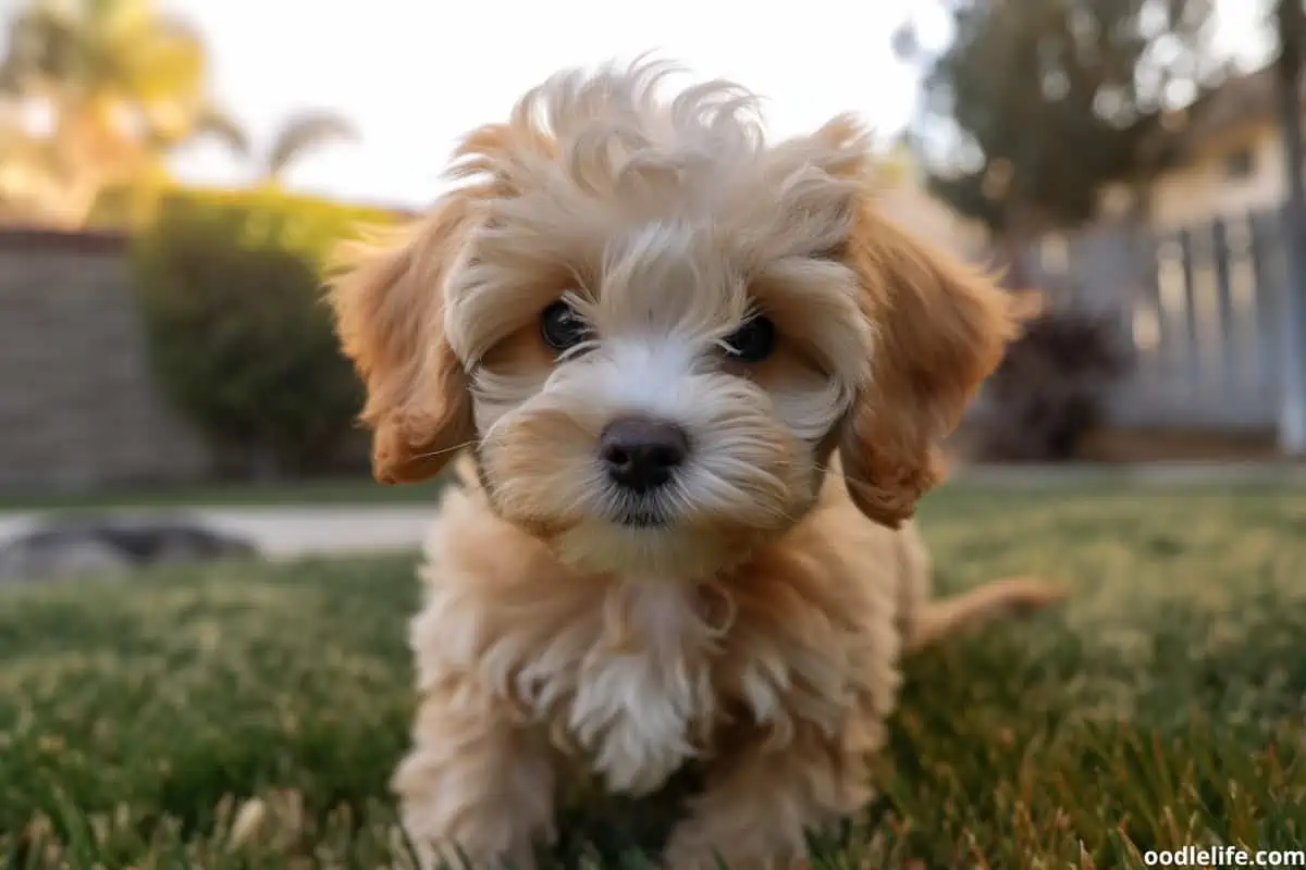  A sun drenched Maltipoo enjoys the delightful sun as she potty trains. Good dog!