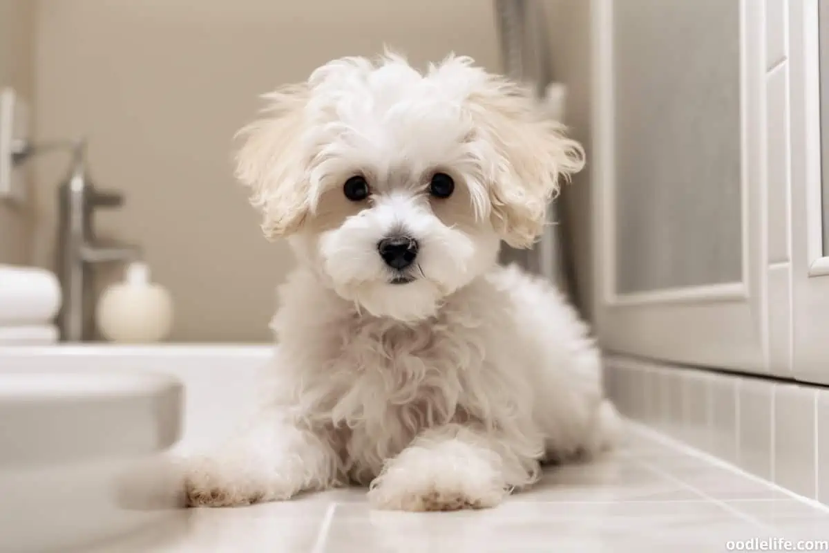 A slightly older Maltipoo potty training in a bathroom. Get used to an inquisitive or confused look.