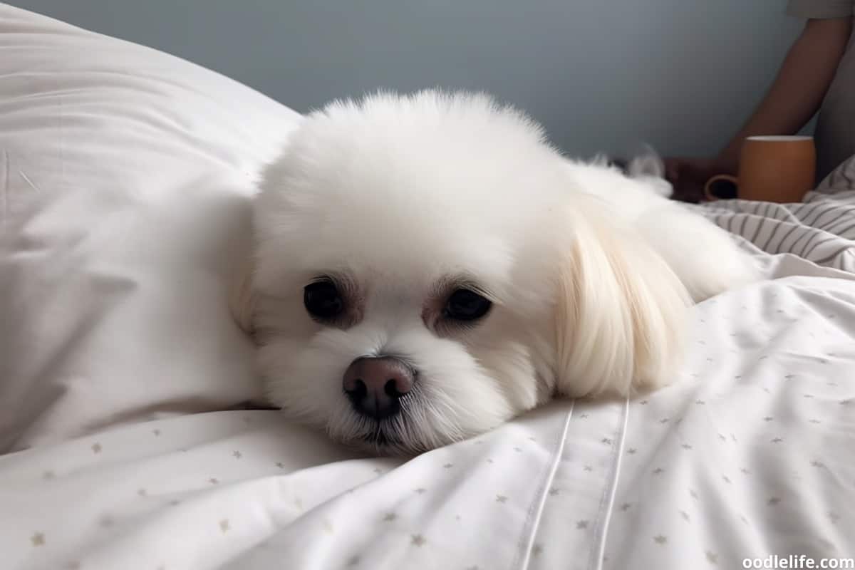 A small particularly fluffy dog look towards his owner sleeping in bed