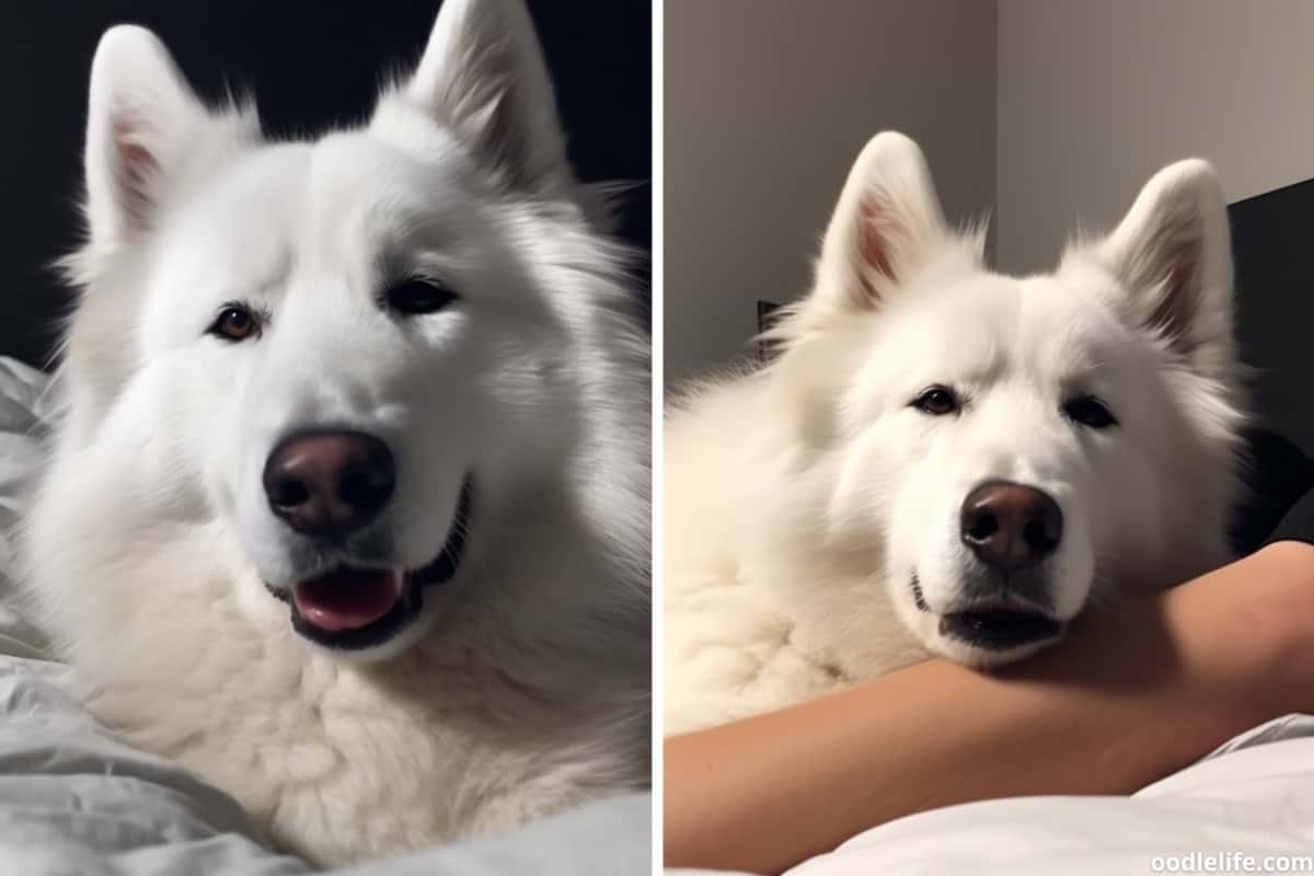The caring stare of a loving all white Siberian Husky