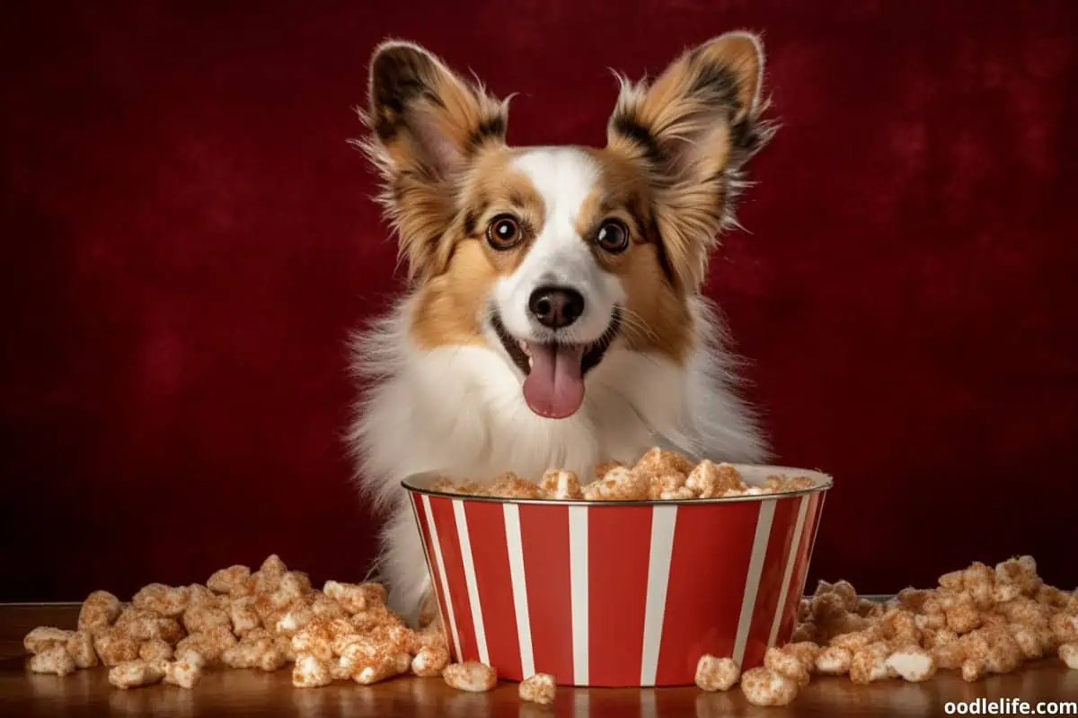 This pup is enjoying some popcorn, but there are other reasons dogs can smell like popcorn, such as ear infections or certain diets.