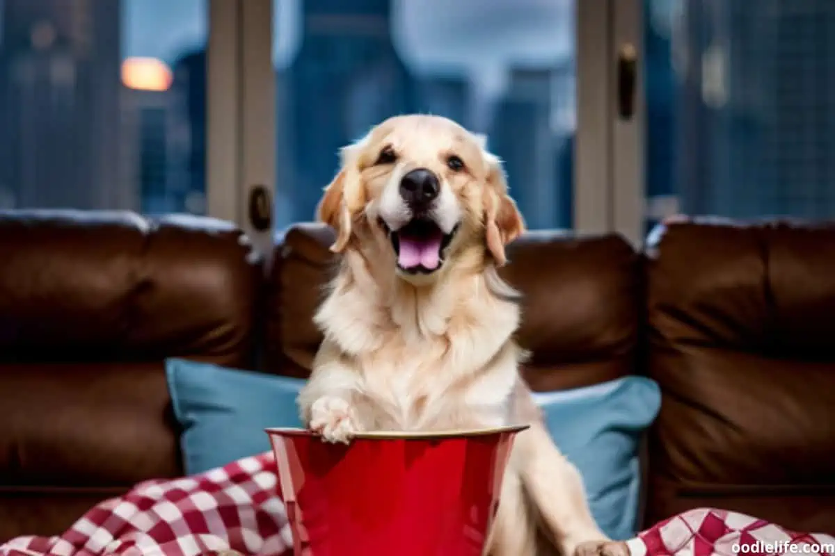 While this adorable dog munches on popcorn, it's important to note that a popcorn-like scent can also be a sign of health issues like diabetes or thyroid problems.