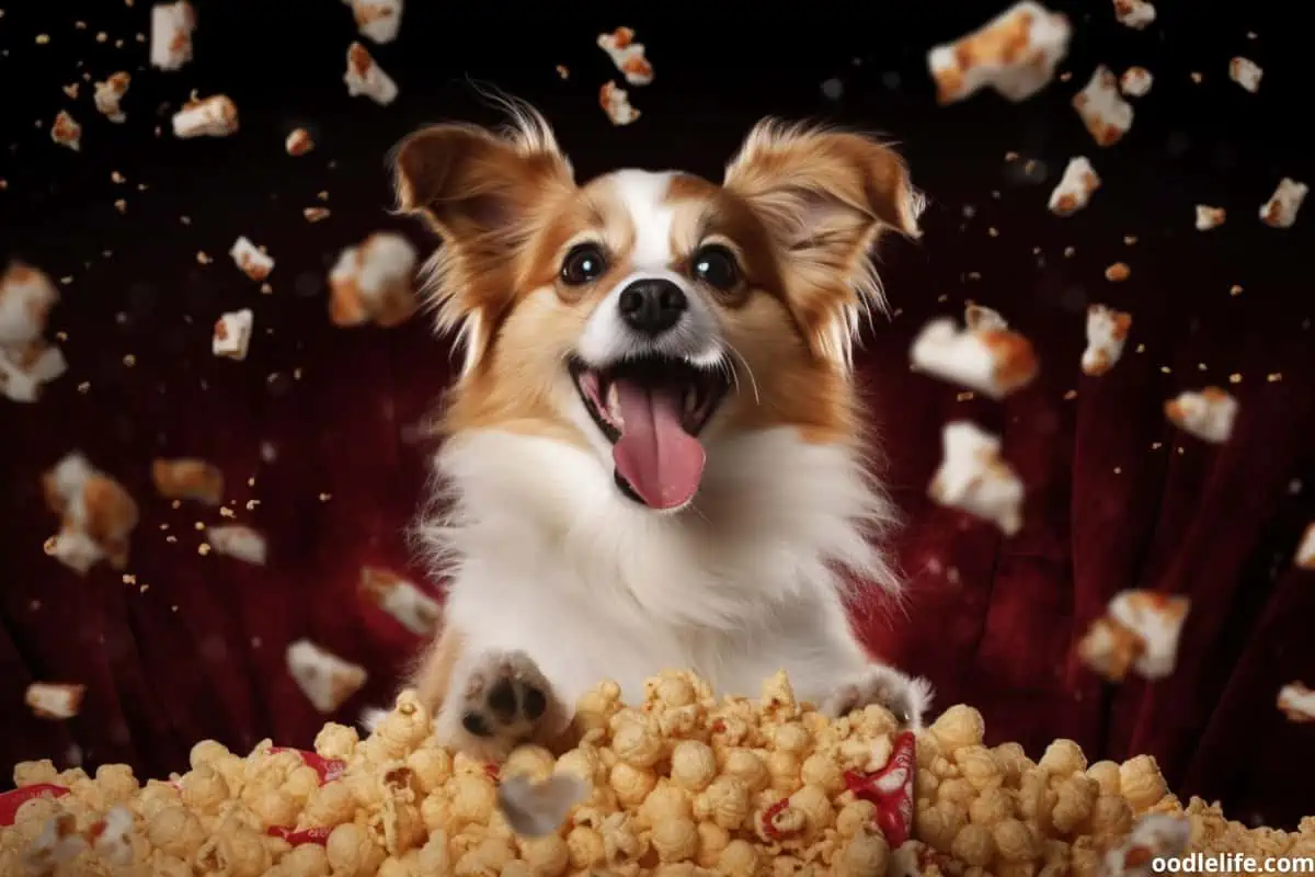 While this dog indulges in some popcorn, it's worth mentioning that grooming products, like shampoos and conditioners, can also give off a popcorn-like aroma.