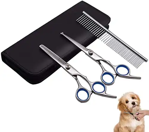 Dog Grooming Scissors Kit, Professional Grooming Scissors for Dogs with Safety Round Tips, Sharp and Durable Pet Thinning, Straight Shears and Comb for Dogs and Cats