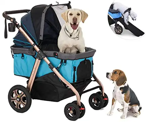 HPZ Pet Rover Titan-HD Premium Super-Sized Dog/Cat/Pet Stroller SUV Travel Carriage/w Access Ramp/100Lbs Capacity/Pumpless Rubber Wheels/Aluminum Frame for Small, Med, Large, XL Pets (Blue)