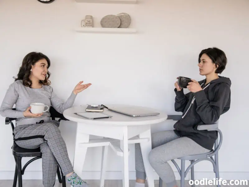 two women drink and chat