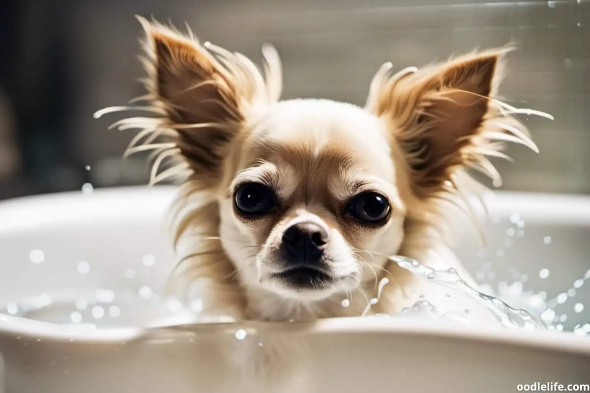 Striking image of a Chihuahua about to be shampooed