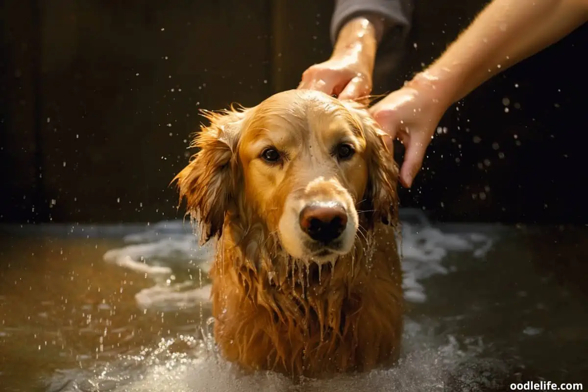 Wet Golden Retriever - hopefully smelling better after a bath!