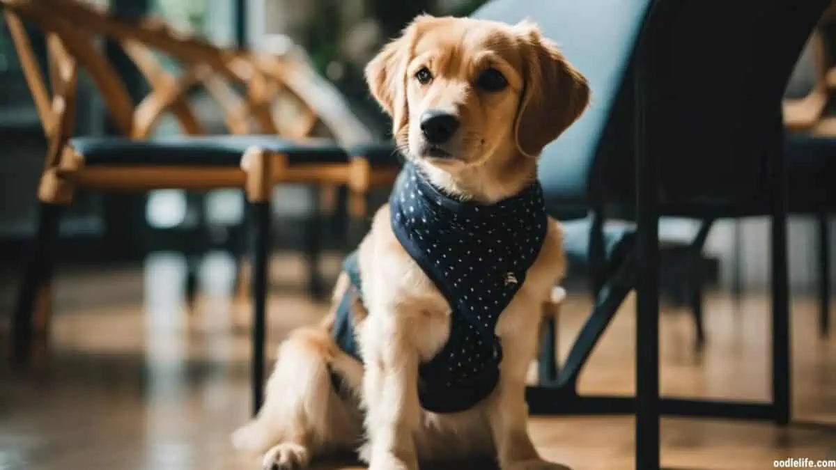 A dog wearing a harness hiding behind a rattan chair