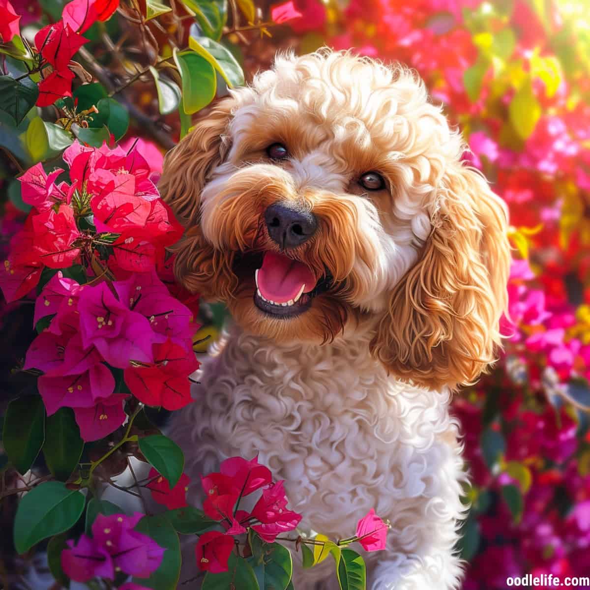 A Cockapoo GLOWING near some blooming bougainvillea