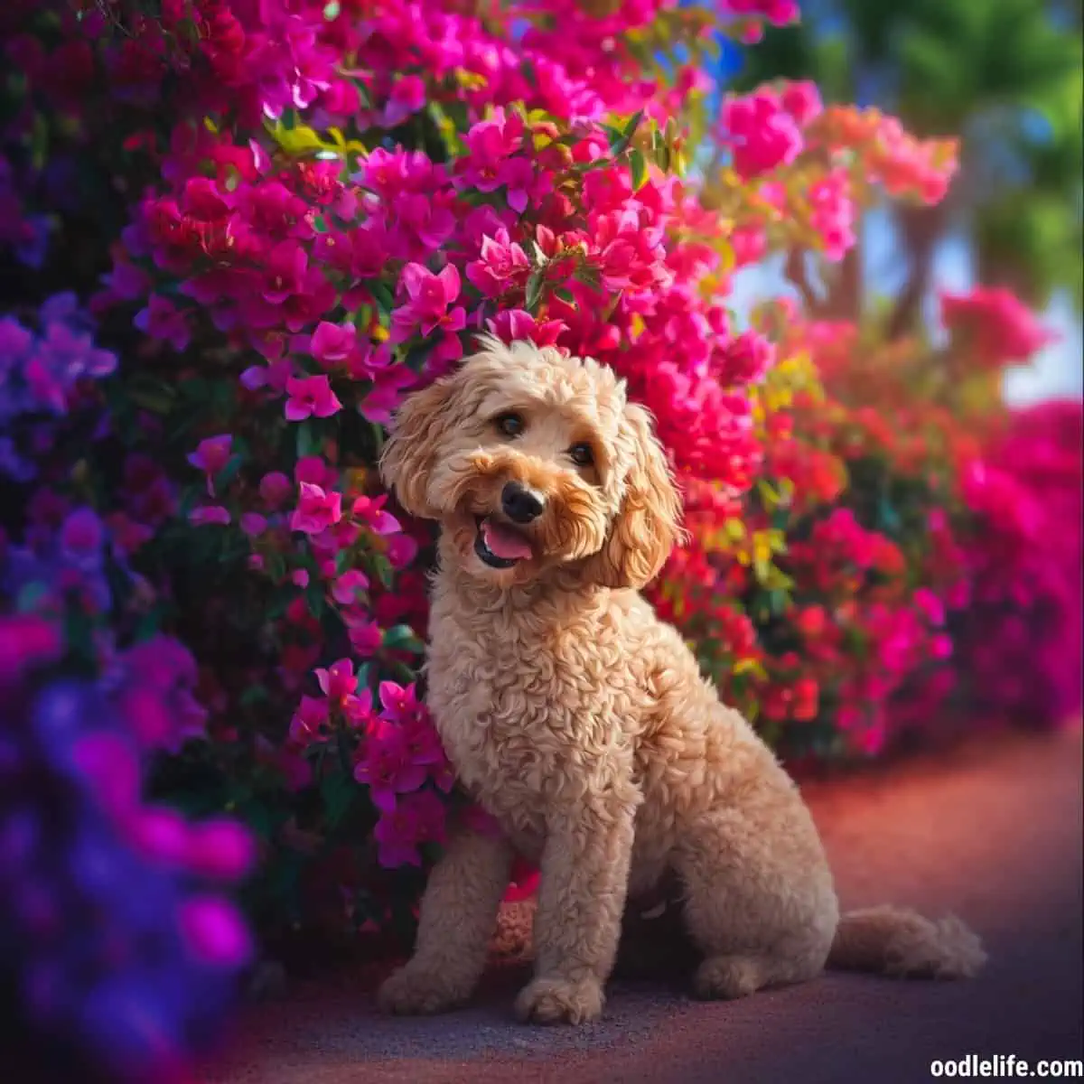 A Cockapoo GLOWING near some blooming bougainvillea