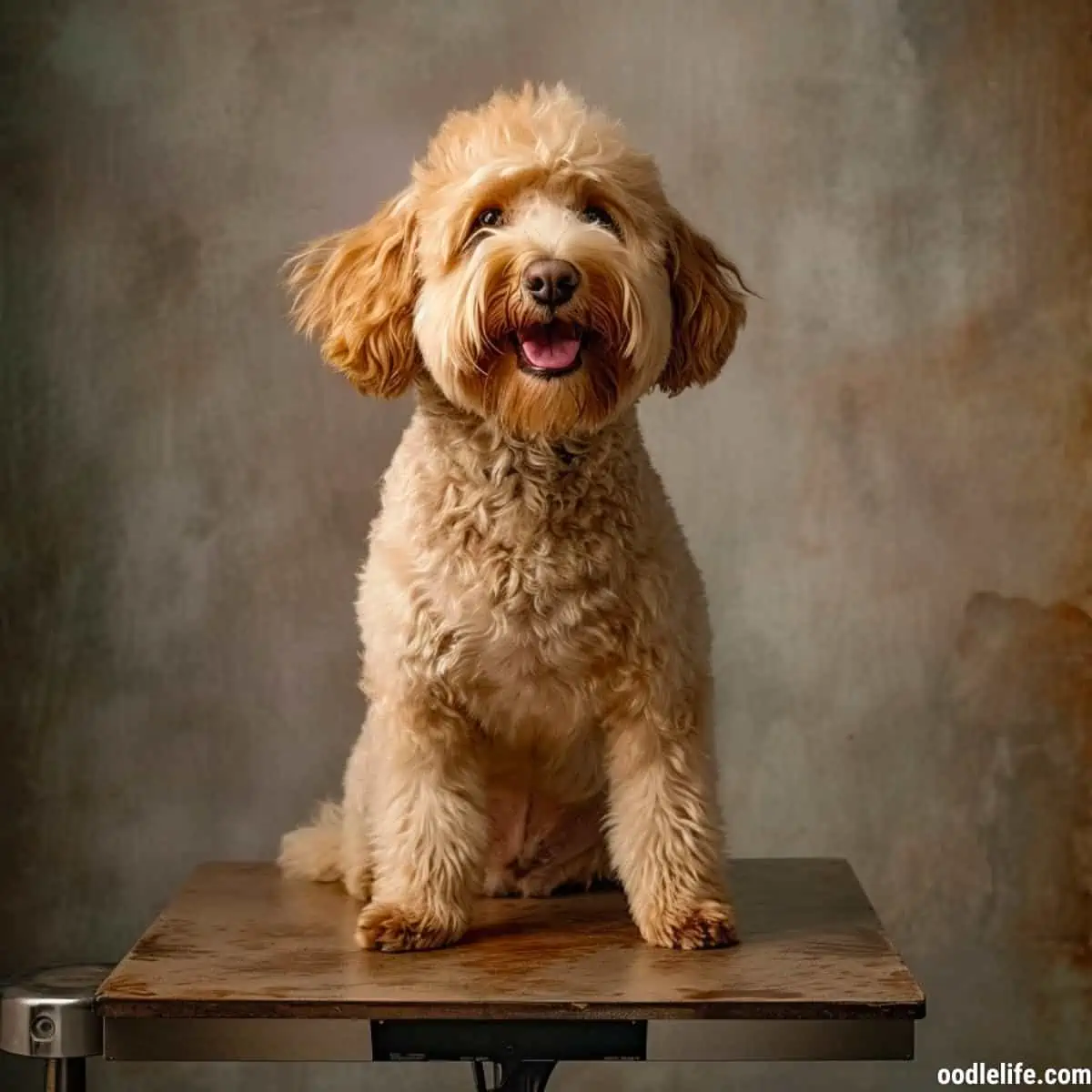 A portrait of a cream Labradoodle mid grooming