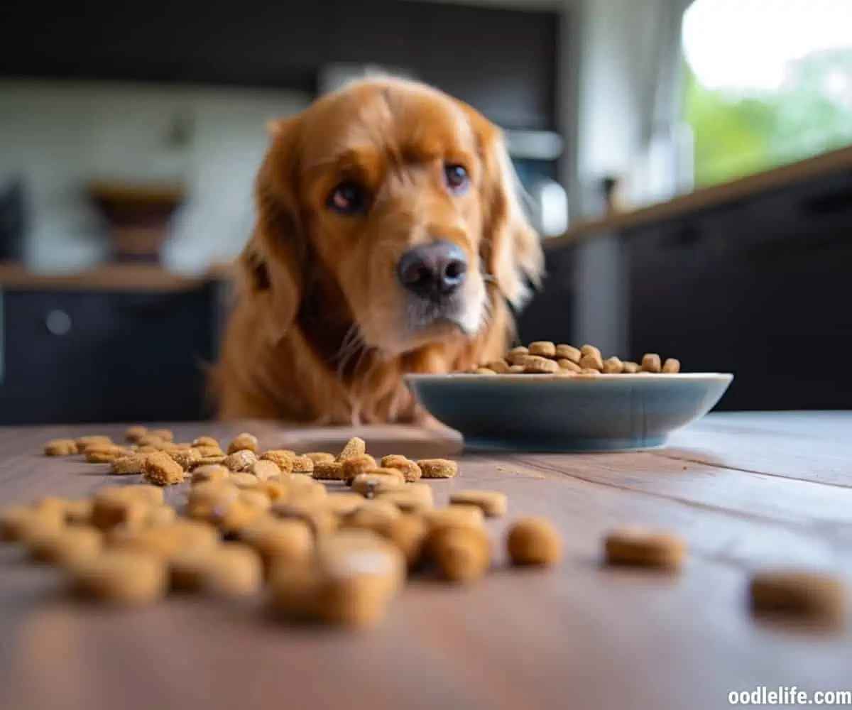 An older Golden Retriever eyes a food bowl, suspecting there is a supplement hidden amongst the food