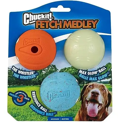 Chuckit Fetch Medley Dog Ball Dog Toys Includes Whistler, Max Glow and Rebounce Balls