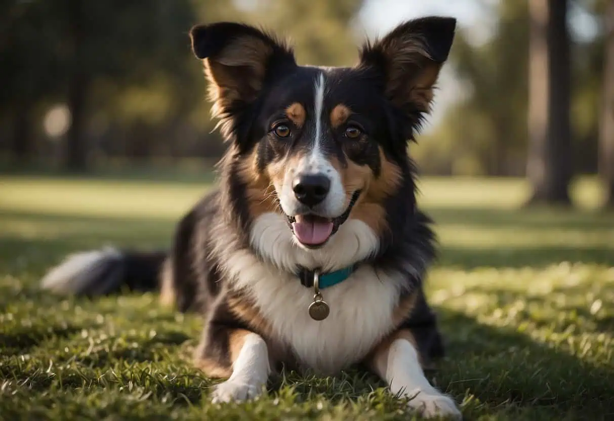 A dog with a wagging tail, bright eyes, and relaxed body posture. Tail wagging is a sign of happiness