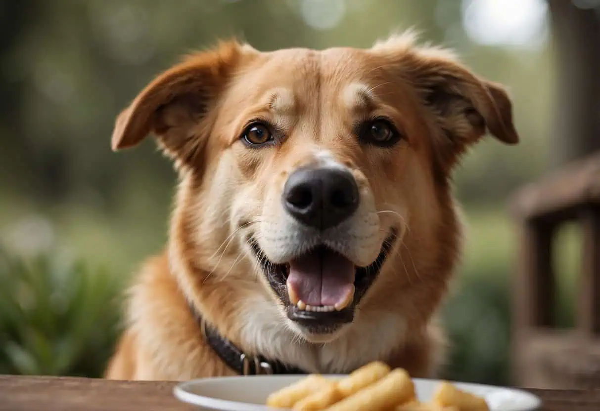 A dog happily eating and drinking, tail wagging, bright eyes, relaxed body, and a content expression