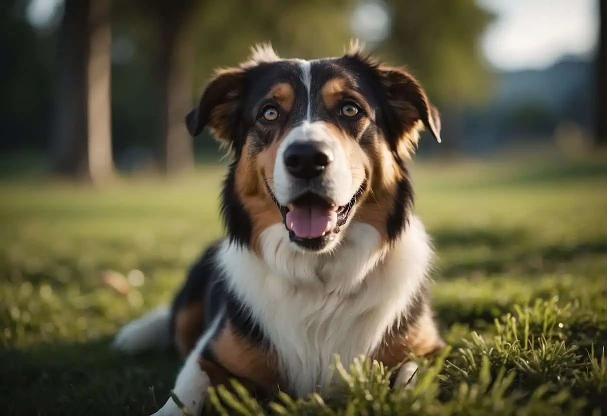 A dog with bright, alert eyes, wagging tail, and relaxed body posture. A happy expression and engaged with surroundings