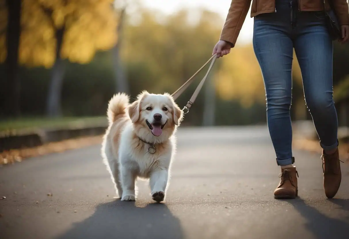 A dog with a wagging tail, bright eyes, and relaxed body walks happily beside its owner