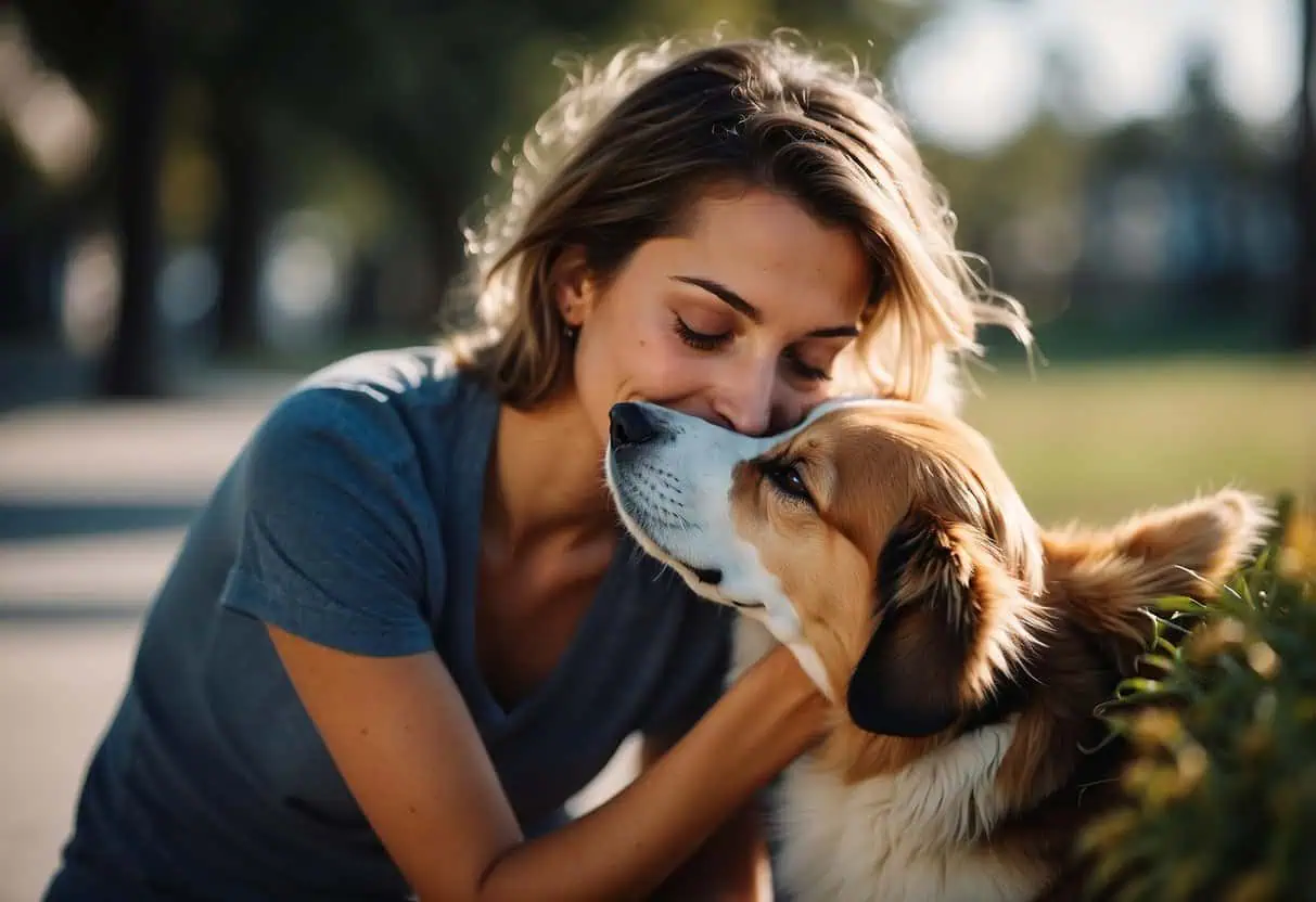 A dog nuzzling against a person's leg, wagging its tail and licking their face, while leaning into their touch and showing relaxed body language