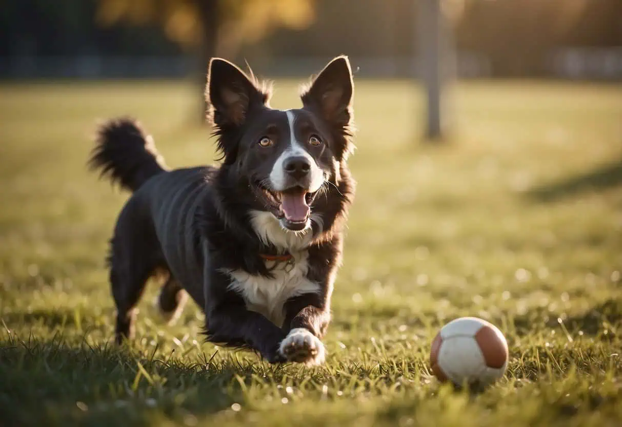 A dog wagging its tail, sniffing around, and playfully chasing after a ball in a sunny, open field