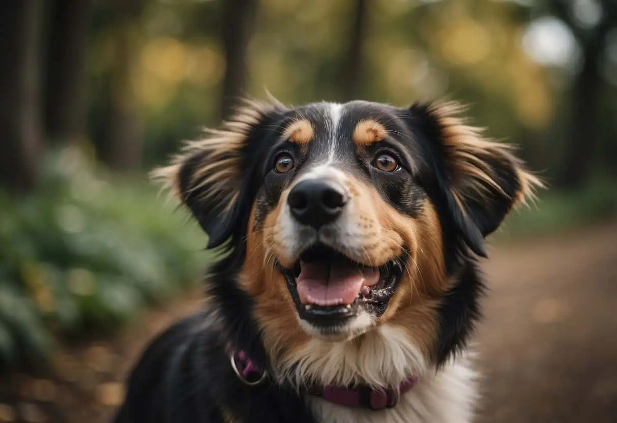 A wagging tail, bright eyes, and eager eating show a happy dog's healthy appetite
