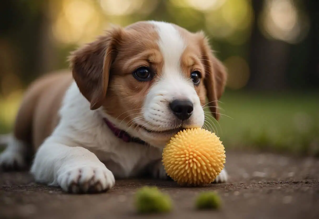 A playful puppy nipping at a chew toy, with a gentle but firm hand redirecting its attention away from biting