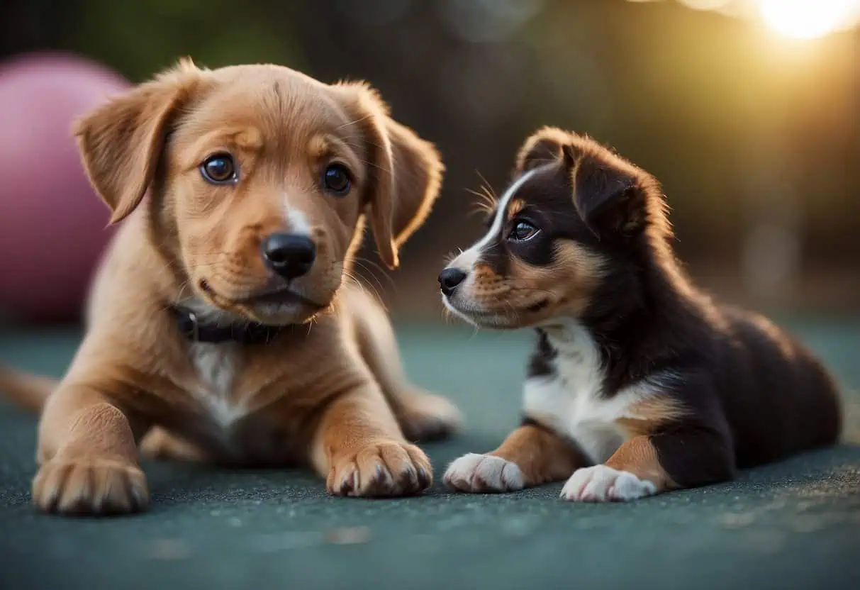A puppy sits attentively as a trainer uses positive reinforcement to redirect biting behavior towards appropriate chew toys