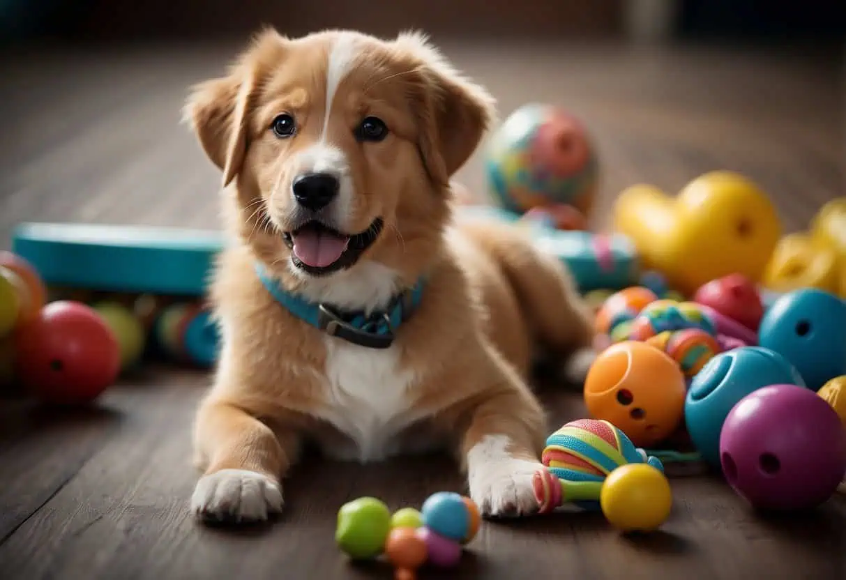 A variety of chew toys and training tools are scattered across the floor, with a playful puppy surrounded by them